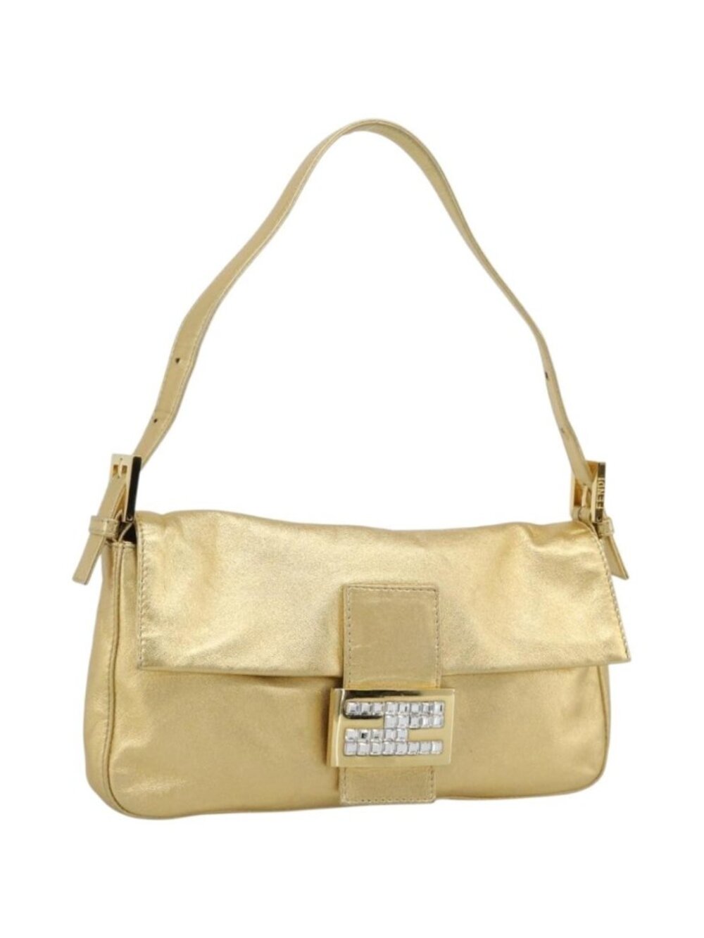 FENDI Rhinestone Mamma Baguette Shoulder Bag Leather Gold Tone